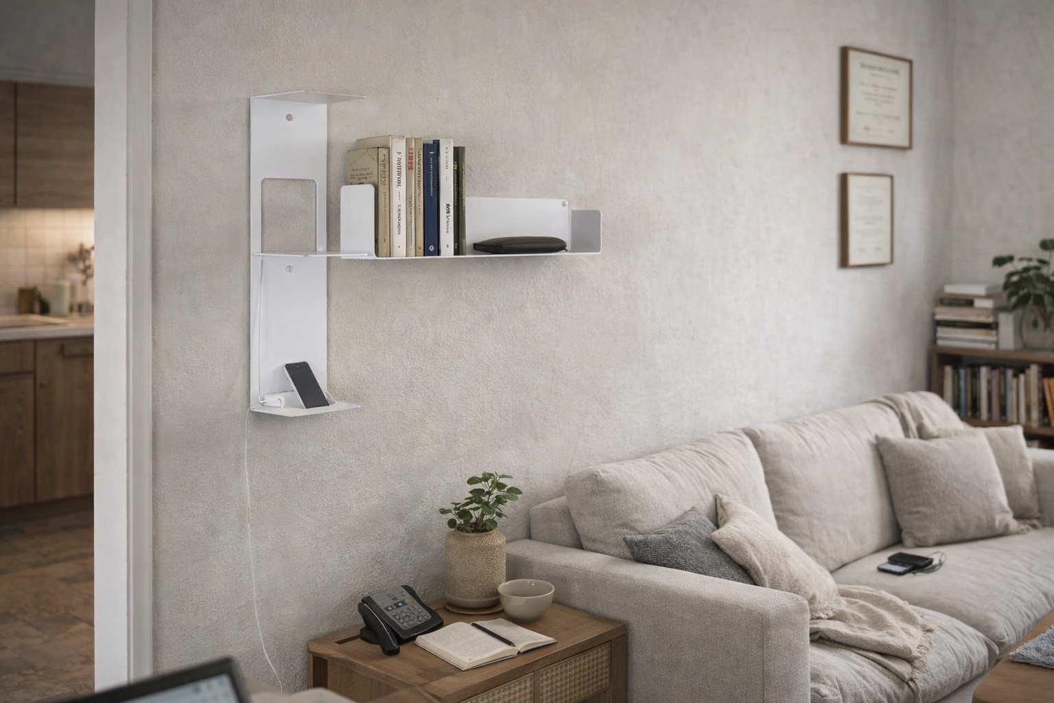 Étagère livre murale dans un séjour au style naturel, offrant un rangement vertical discret qui structure le mur tout en laissant respirer la décoration.