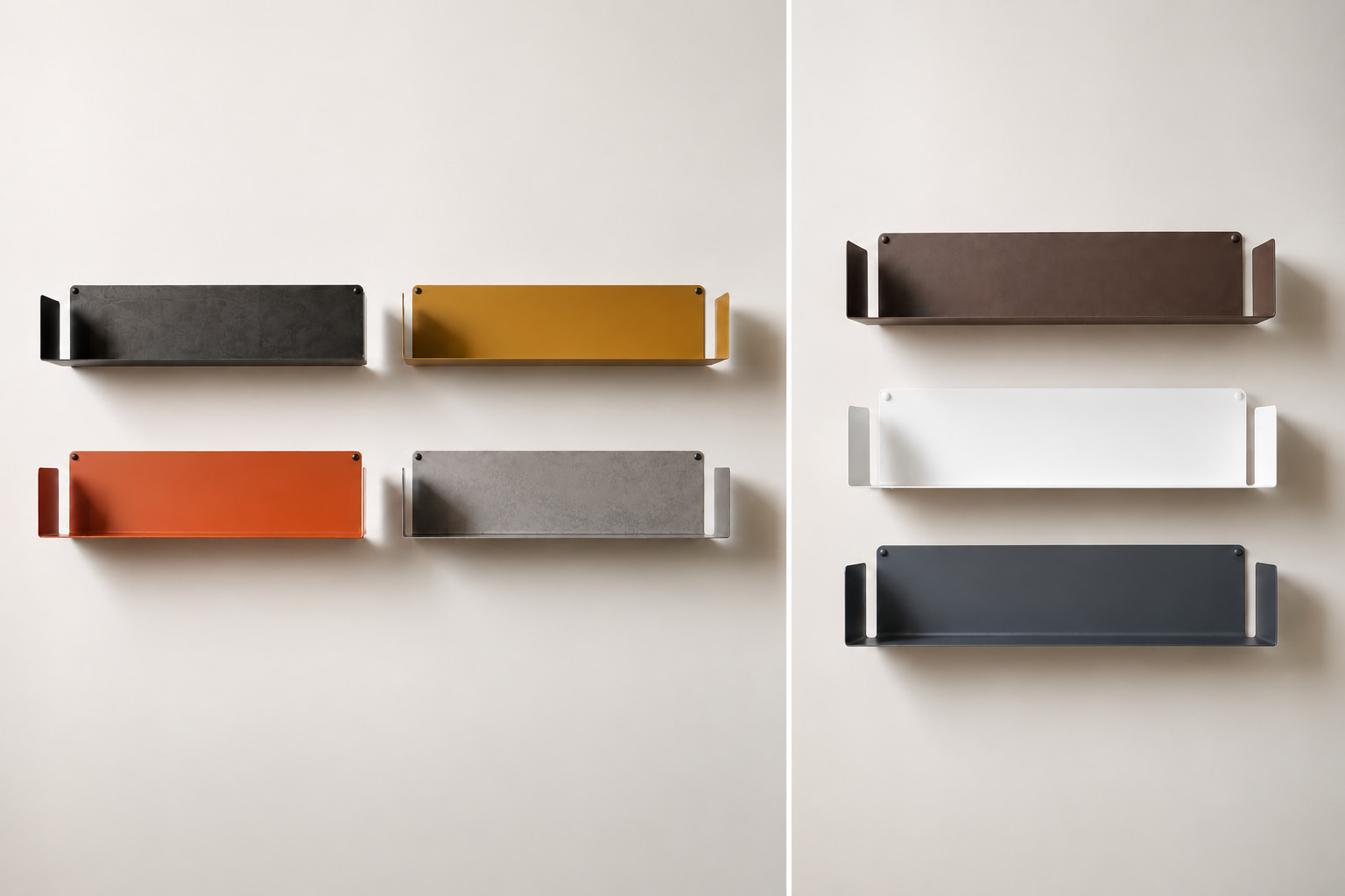 Différentes couleurs et finitions d’étagères murales en métal, du blanc et gris au terracotta, doré et noir