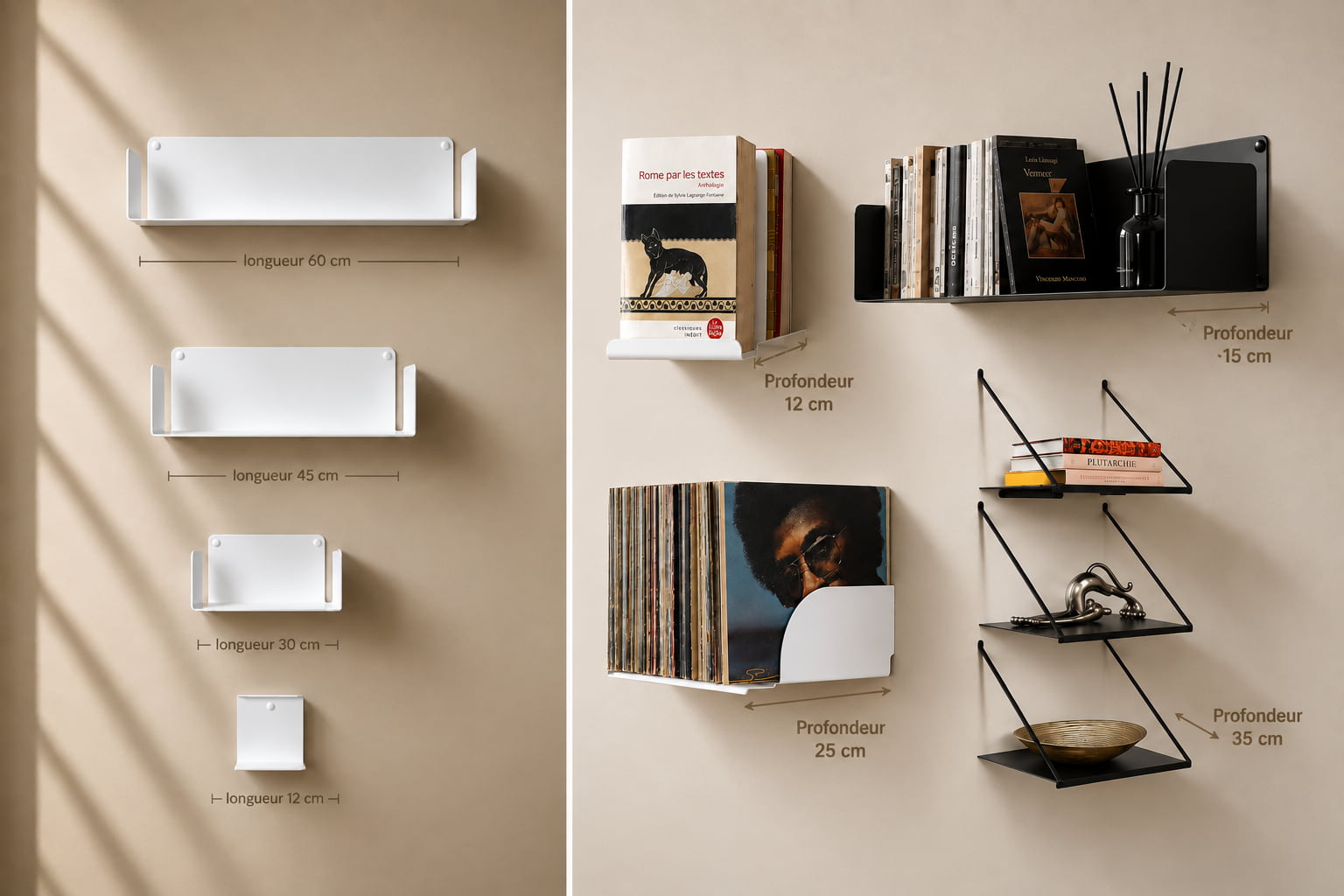 Différents formats et dimensions d’étagères murales pour adapter la composition au rangement et à l’espace disponible