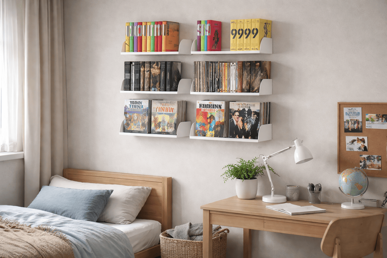 Bibliothèque murale avec étagères murales en acier pour BD et livres illustrés, rangement mural esthétique dans une chambre ou un bureau