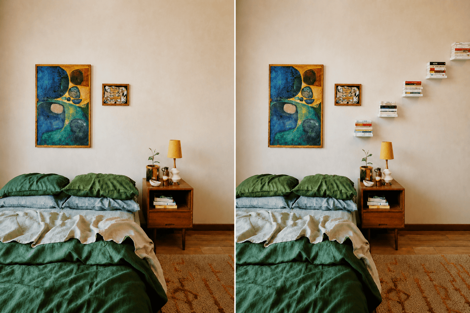 Avant après : habiller un mur vide avec des étagères murales blanches pour créer un rangement discret et décoratif au-dessus du chevet.