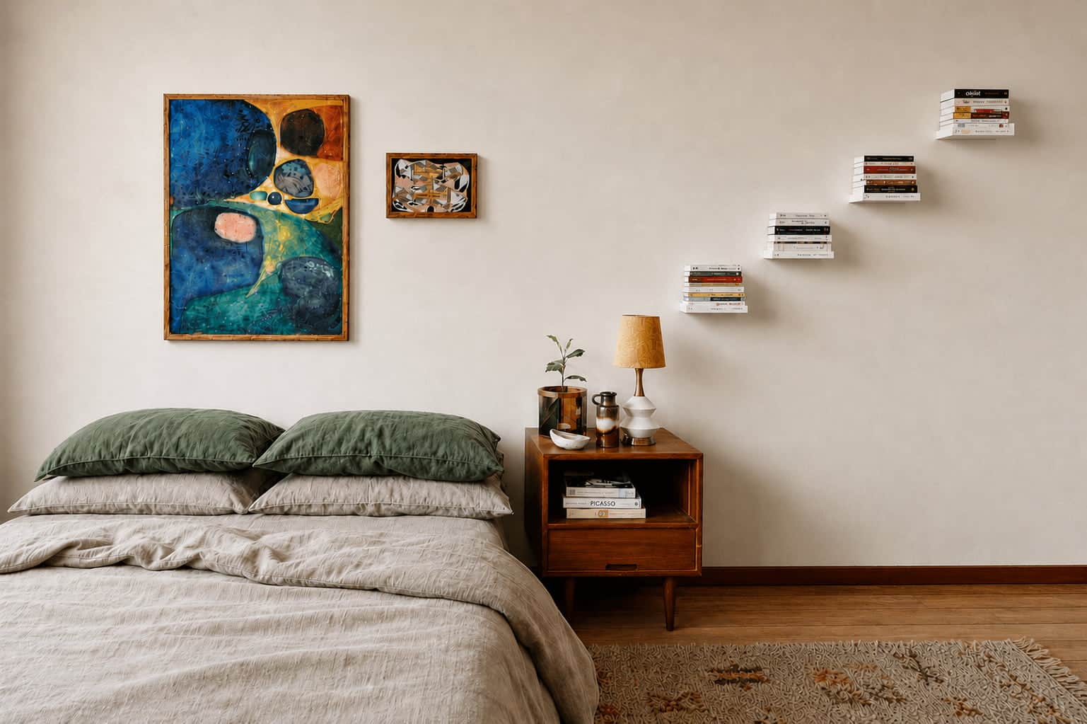 Idée de bibliothèque murale dans une chambre avec petites étagères flottantes près du lit