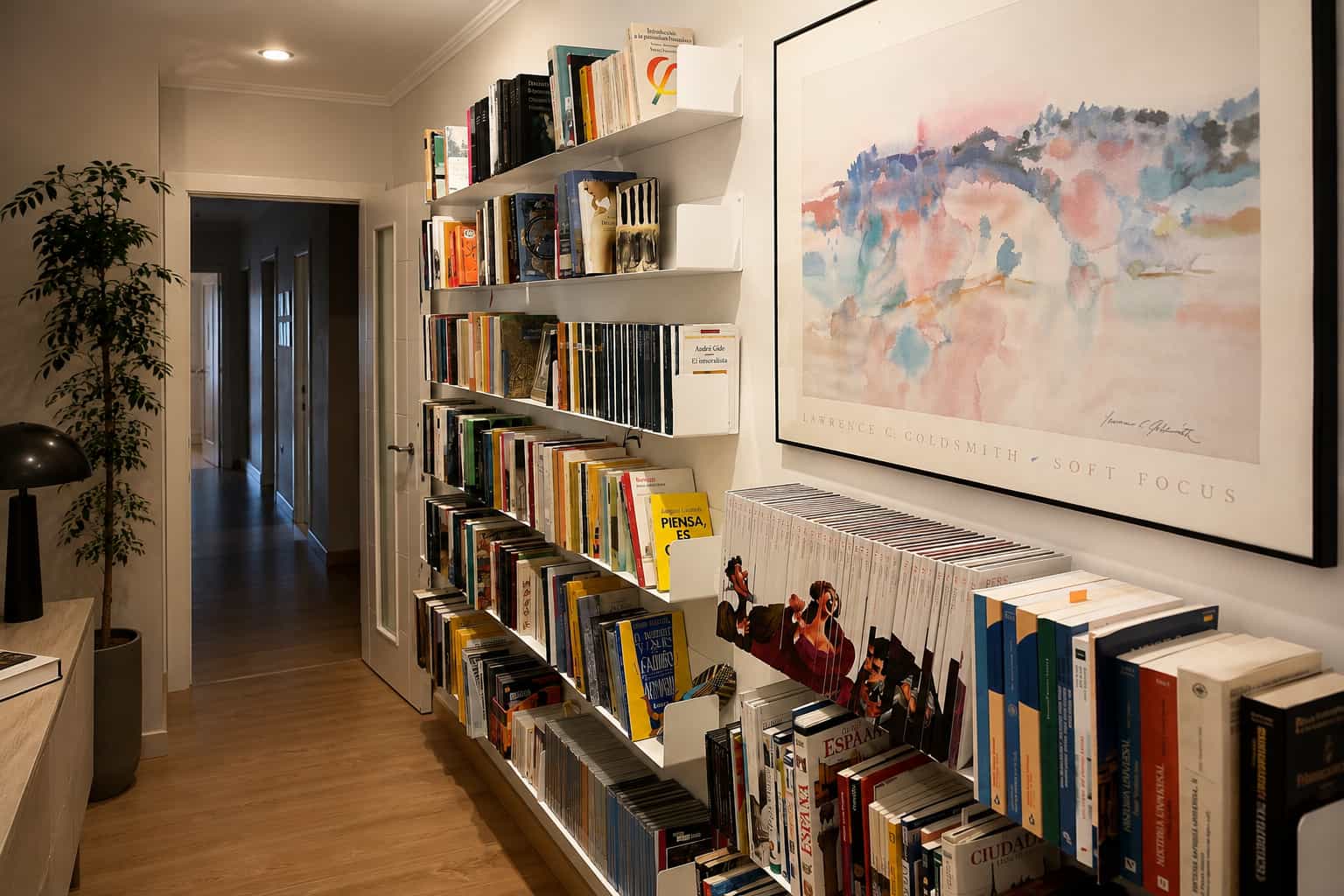 Idée de bibliothèque murale dans un couloir avec longues étagères blanches remplies de livres