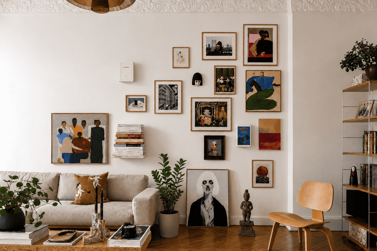 Étagère murale invisible intégrée à une galerie de cadres pour habiller un mur vide dans un salon
