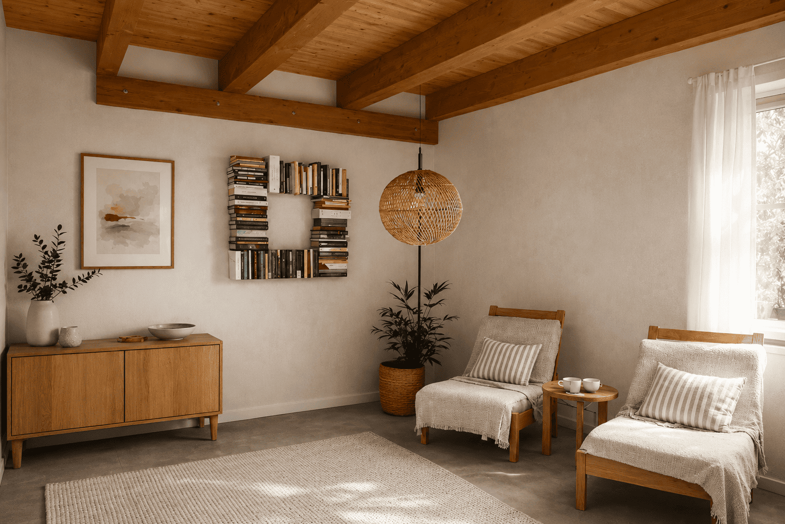 Étagère murale en forme de carré composée de livres dans un coin détente au style naturel