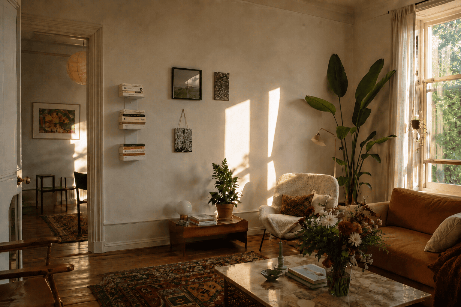Étagère murale blanche verticale avec livres pour habiller un mur vide dans un salon vintage