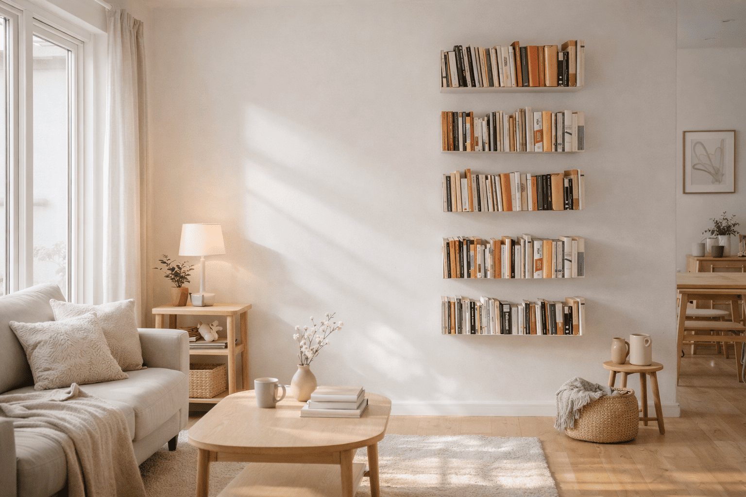 Bibliothèque murale minimaliste composée de plusieurs étagères murales alignées, solution de rangement murale élégante dans un salon épuré