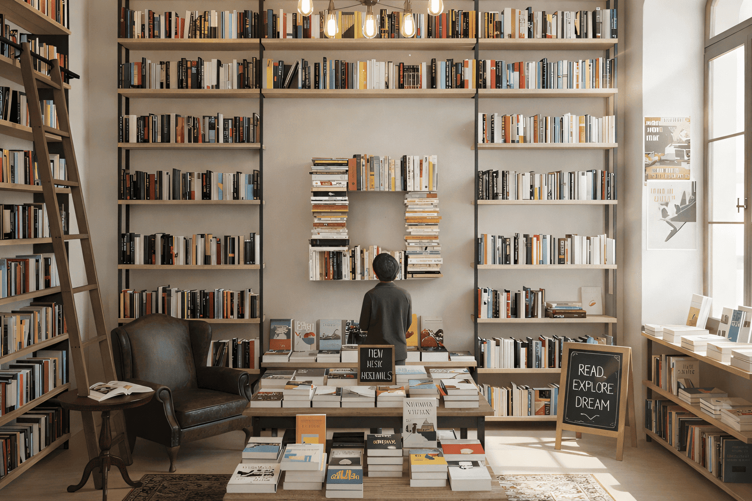 Aménagement de librairie avec étagères murales modulables sur toute la hauteur du mur.