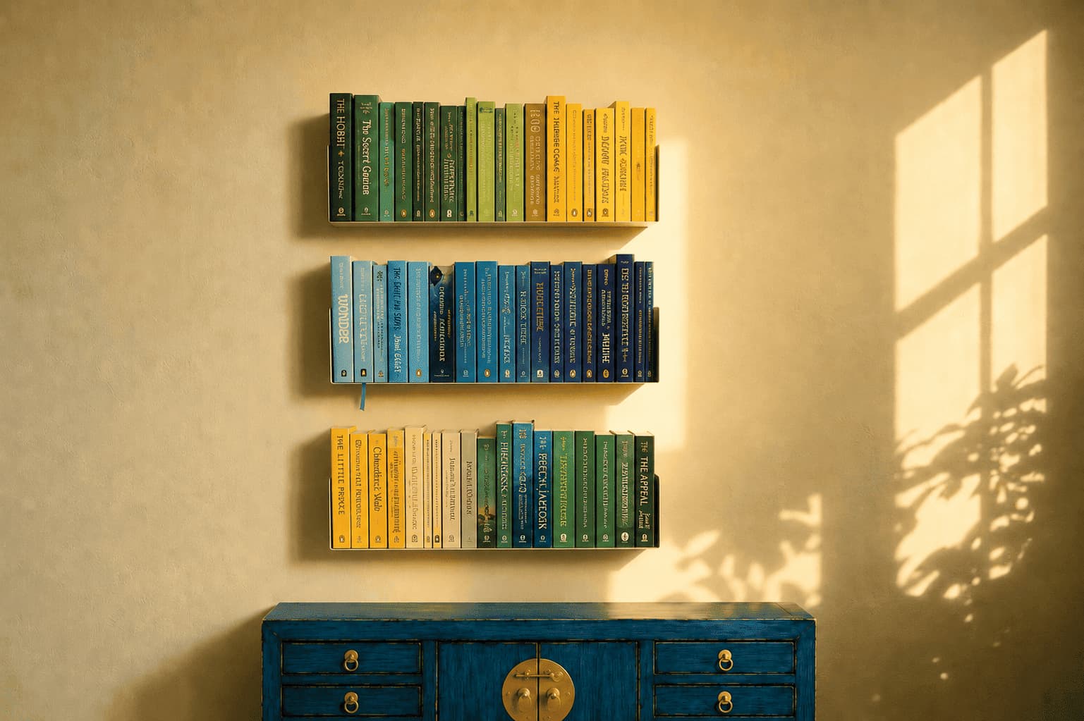 Livres classés par couleur sur des étagères murales, avec des groupes verts, jaunes, bleus et neutres bien séparés.