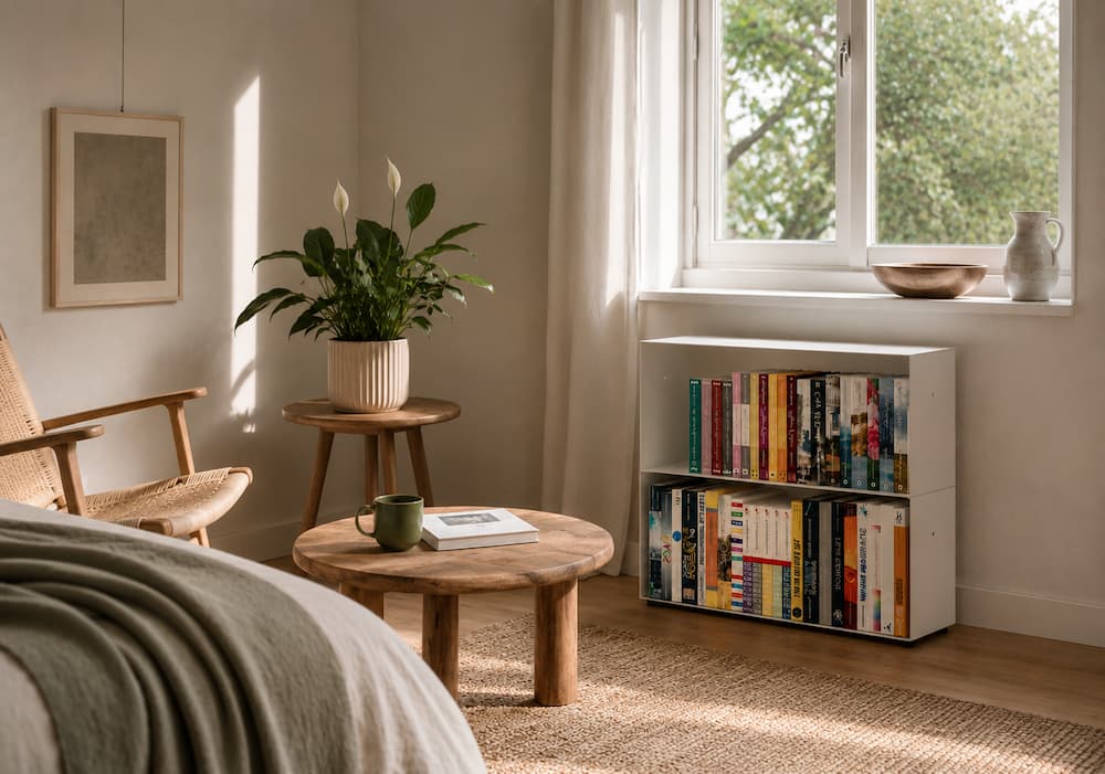 Petit salon lumineux avec un meuble bibliothèque blanc à deux niveaux placé directement sous une fenêtre.