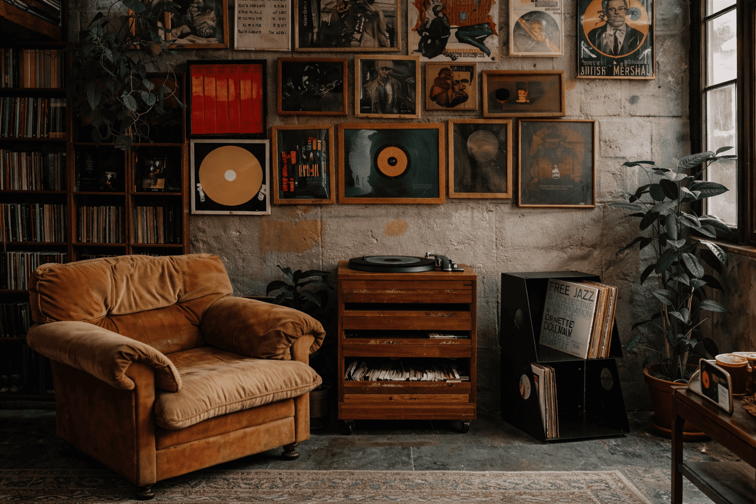 Meuble vinyle en métal noir avec rangement de disques positionné dans un salon vintage chaleureux, à côté d’un fauteuil en cuir, d’une platine vinyle et d’un mur décoré de pochettes et affiches musicales.