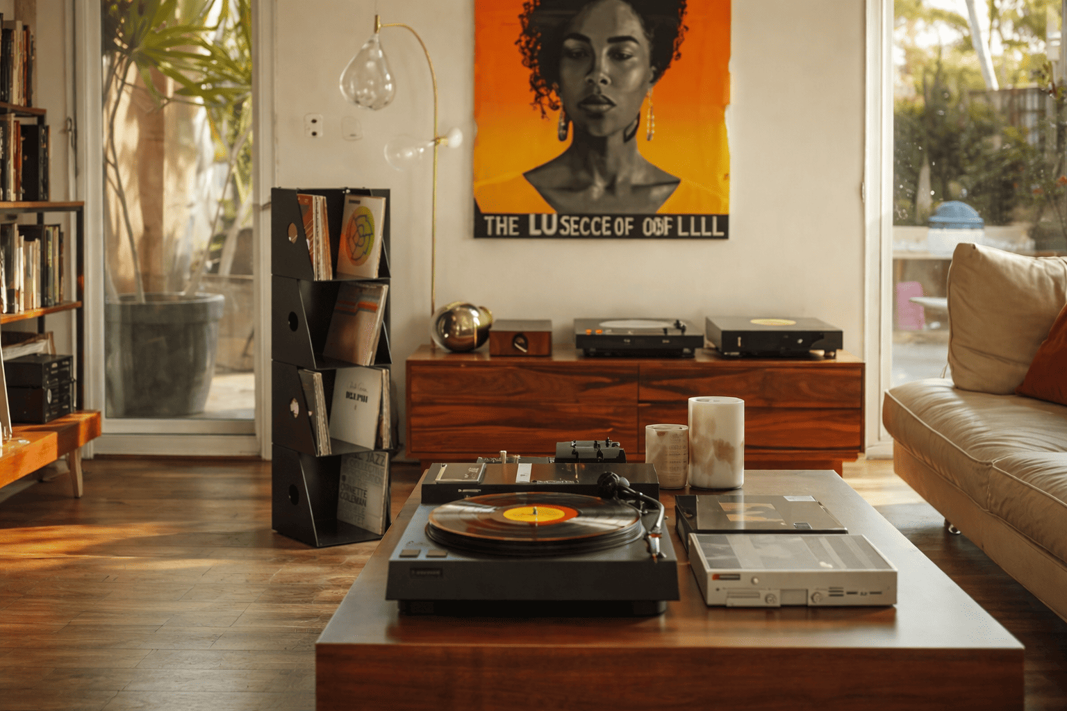 Meuble vinyle design noir en métal avec rangement vertical de disques, intégré dans un salon lumineux avec platine vinyle, meuble hi-fi en bois et décoration artistique murale.