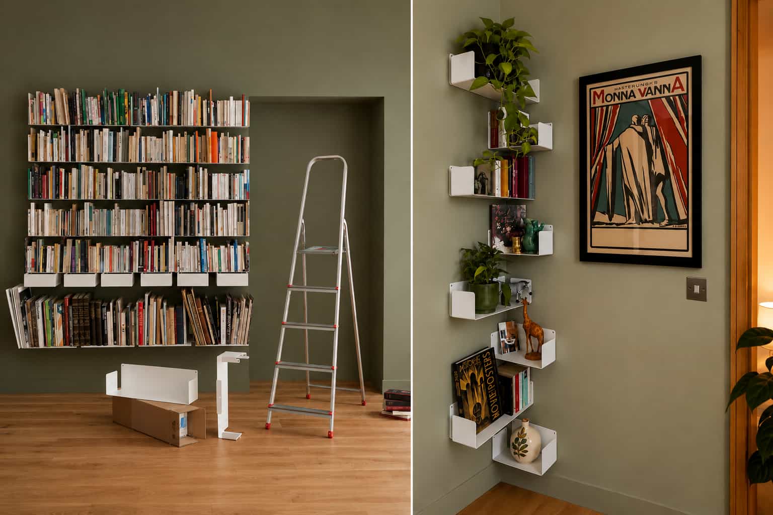 Comparaison de deux façons d’aménager un mur en bibliothèque : une grande composition remplie de livres sur un mur large et des étagères compactes disposées en hauteur sur un mur étroit.