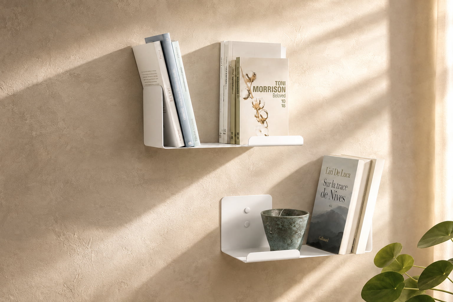 Deux petites étagères murales blanches présentent des livres de face et de profil, avec un objet en céramique et une plante dans une composition minimaliste.