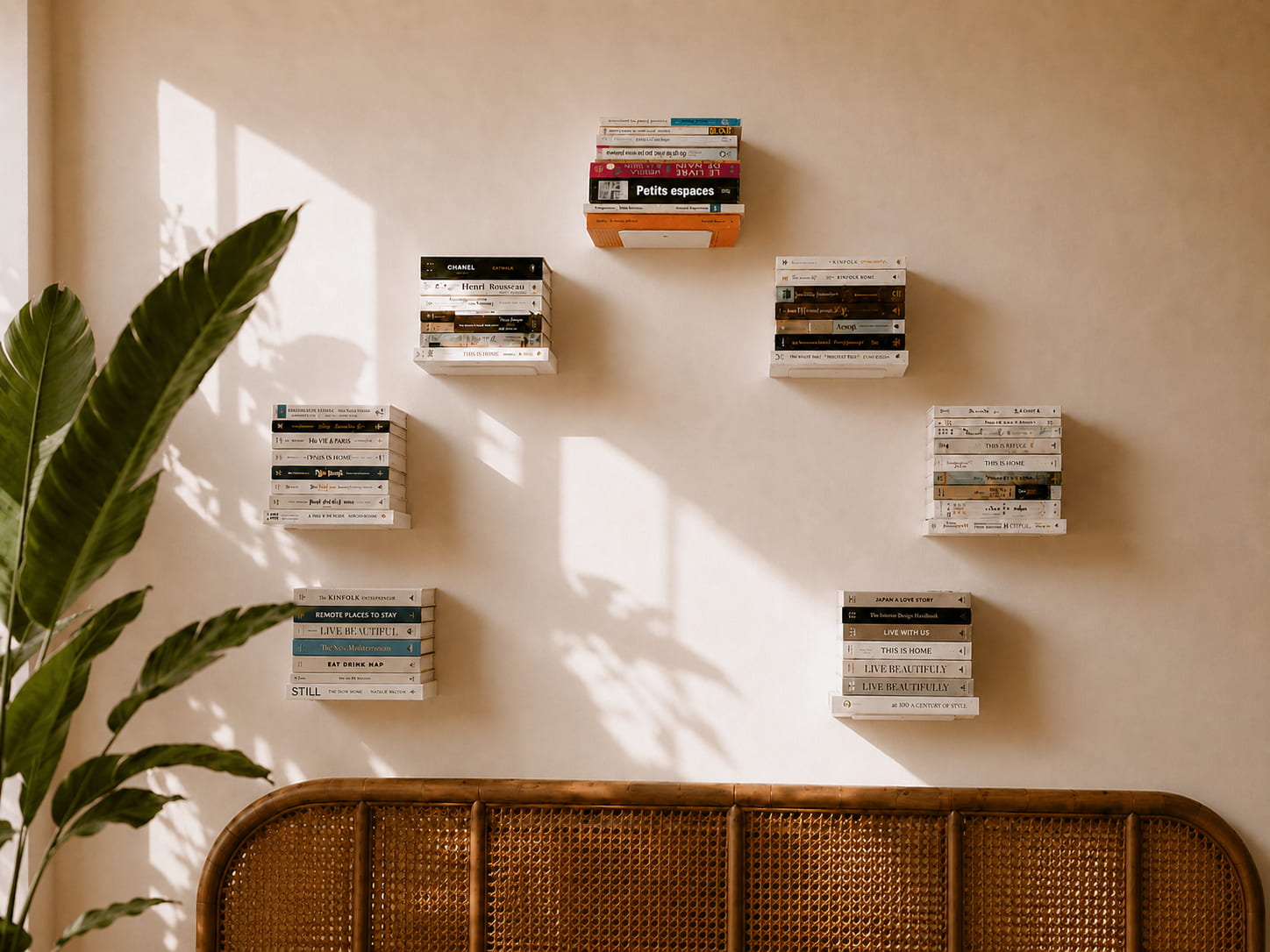 Plusieurs petites étagères murales discrètes supportant des piles de livres
