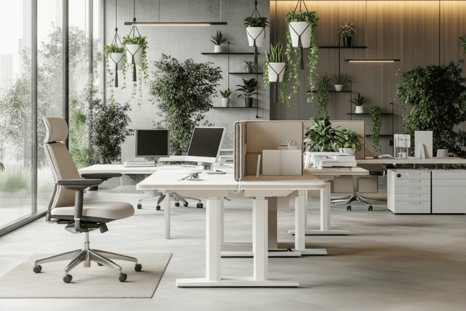 Décoration murale de bureau moderne avec étagères noires et plantes suspendues pour un espace de travail élégant et naturel.
