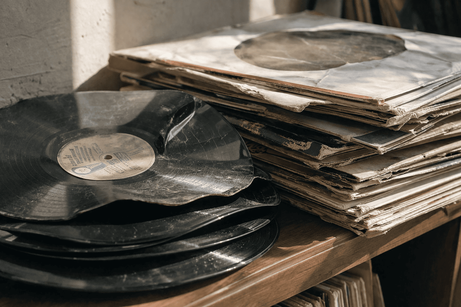 Gros plan sur des disques vinyles abîmés et empilés sans protection, illustrant un mauvais rangement vinyle 33 tours et l’usure des pochettes.