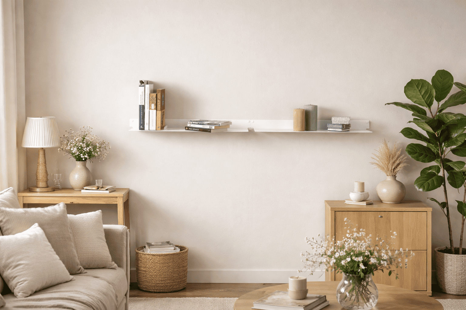 Étagère murale blanche longue et minimaliste, installée dans un salon épuré pour disposer livres et décorations.