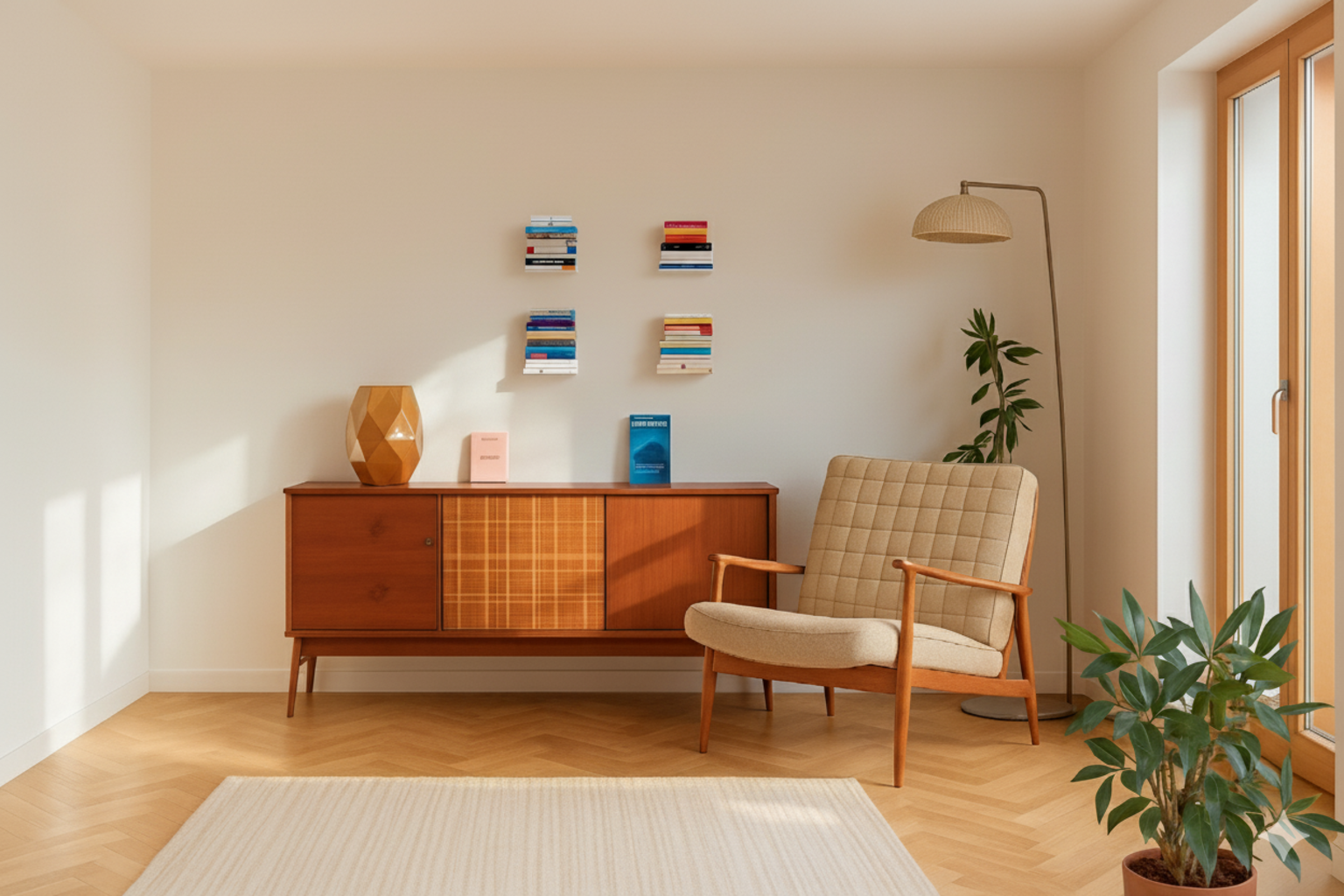 Salon design lumineux avec fauteuil en bois, meuble vintage et petites étagères murales minimalistes TEEbooks, illustrant les bonnes dimensions de bibliothèque pour un aménagement équilibré.