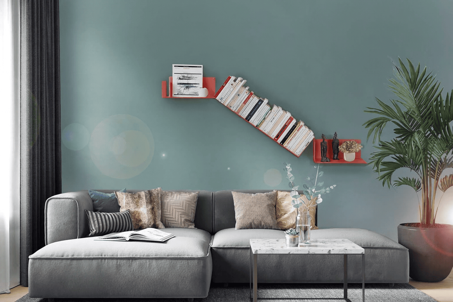 Salon moderne avec mur vert sauge et bibliothèque murale terracotta, exemple d’inspiration couleurs pour bibliothèque murale design.