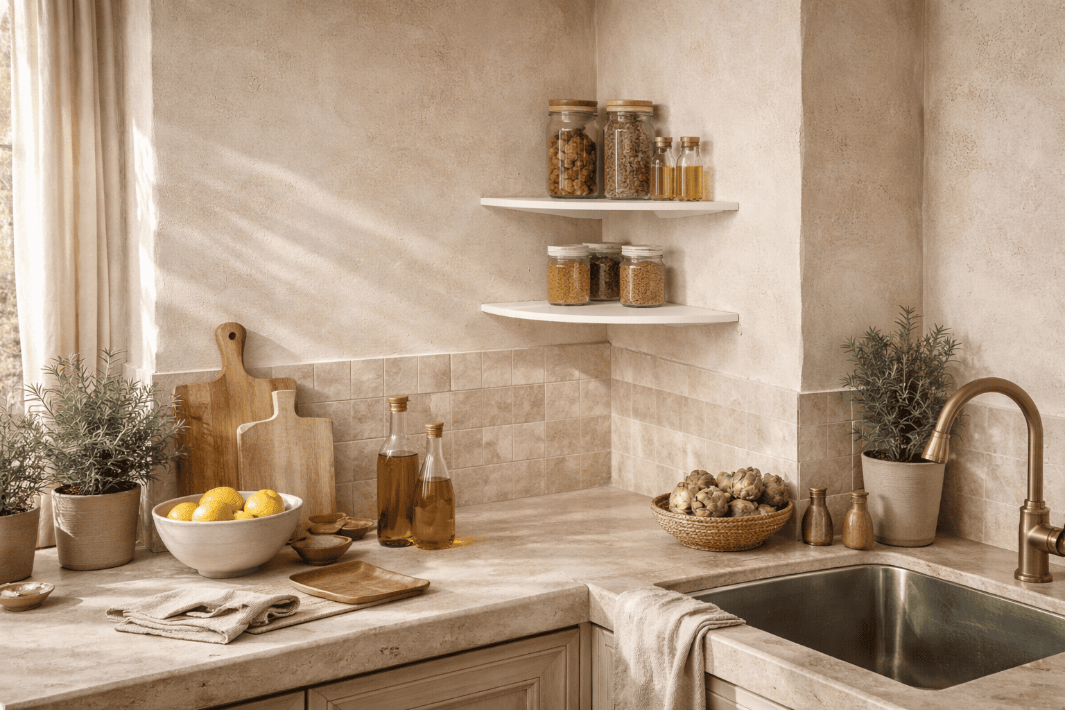 Étagère d’angle en cuisine moderne utilisée pour ranger bocaux, épices et plantes dans un petit espace.