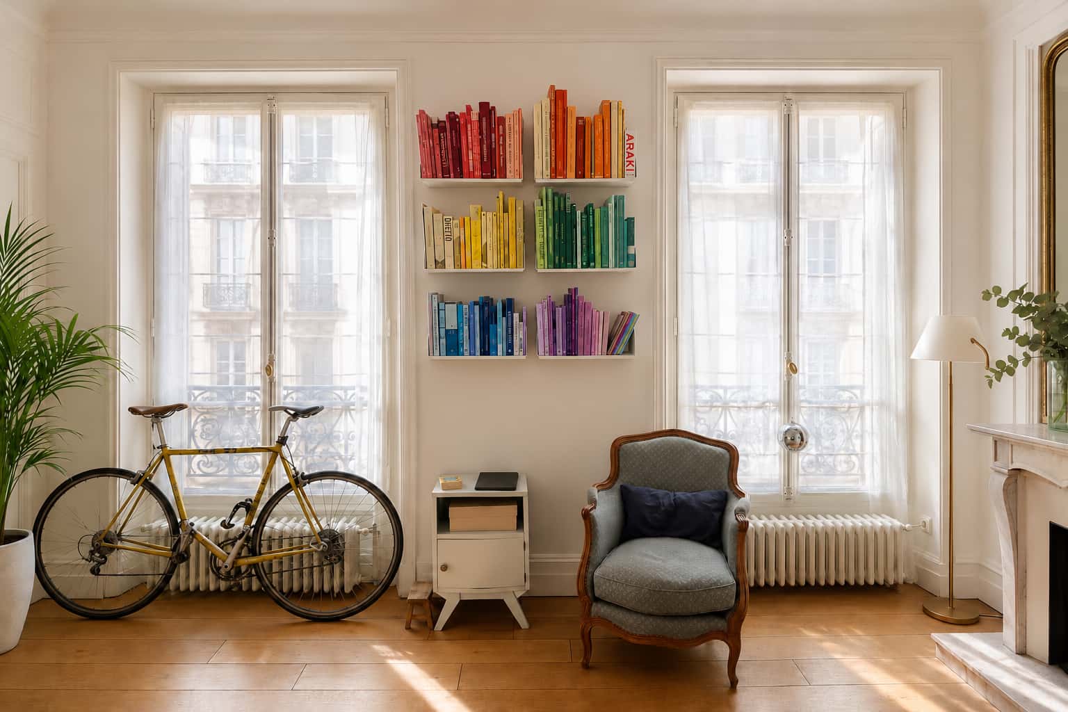 Bibliothèque arc-en-ciel dans un salon lumineux, exemple de bibliothèque rangée par couleur avec des livres rouges, orange, jaunes, verts, bleus et violets sur des étagères murales.